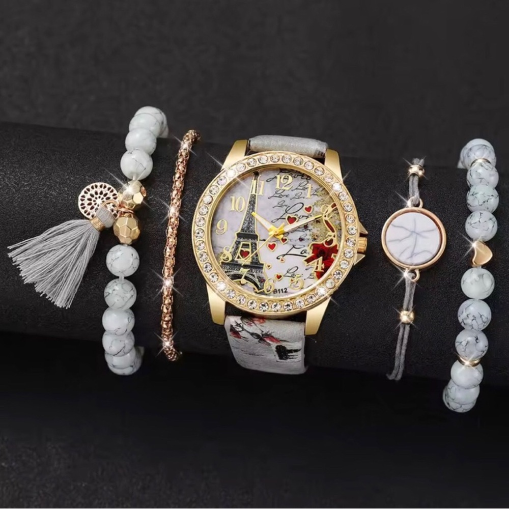 Gold Paris Eiffel Tower Accent Women's Watch with White Marble Bracelet Set